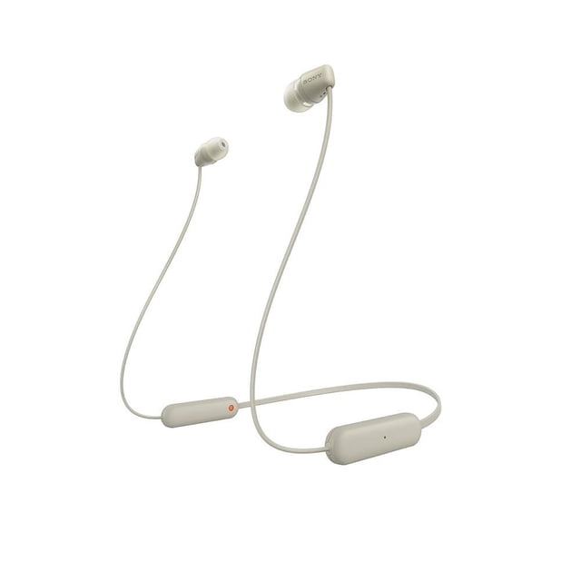 audífonos intrauditivos inalámbricos sony wi-c100/ beige collar inalámbrico beige con auriculares intrauditivos; vista 3/4, banda para cuello flexible, puntas de silicón, dos módulos con controles y micrófono. Hasta 25 horas de batería, ajuste de sonido con la app Sony Headphones Connect e IPX4 contra sudor y salpicaduras; también suelen usarse para llamadas y deporte ligero.