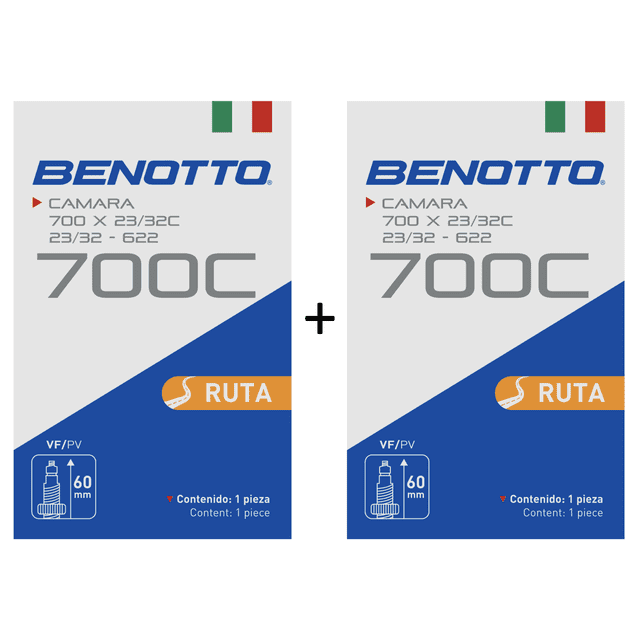 par de cámaras benotto ruta rodada 700 válvula francesa. Empaque frontal doble con logo Benotto en azul, texto 700C y especificación 700 x 23/32C (622), color negro indicado, ícono de válvula francesa VF/PV 60 mm y 'Contenido: 1 pieza' en cada empaque; vista centrada sobre fondo neutro.