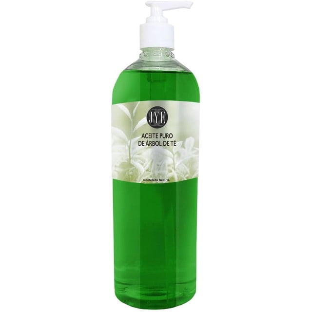 aceite de arbol de te altamente hidratante 1 litro jye natural botella frontal de 1 L con dosificador bomba, líquido verde translúcido y etiqueta blanca con logo JYE y texto 'ACEITE PURO DE ARBOL DE TÉ'; apto para uso diario en cuidado facial y corporal y también usado como aceite para masajes.