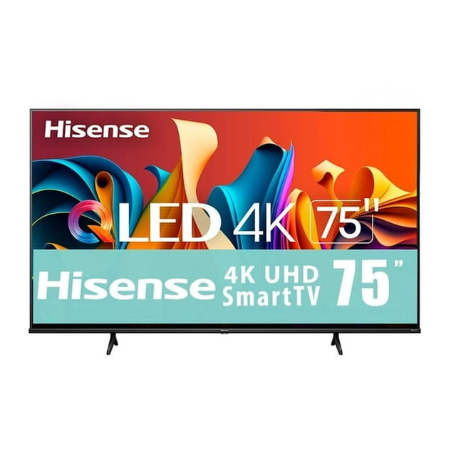 television hisense 75" qled 4k uhd google tv 75qd6n televisor de 75 pulgadas QLED en negro, vista frontal centrada con pantalla encendida mostrando gráfico colorido y rótulo "4K"; marco delgado y base de dos patas inclinadas; incluye Google TV, Quantum Dot Color, Imagen IA y Dolby Vision Atmos según especificaciones; a menudo usado para cine en casa y gaming.