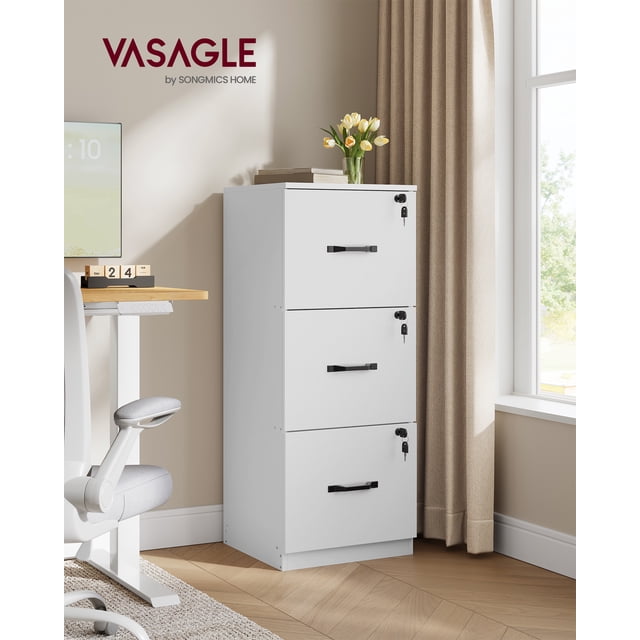 VASAGLE UOFC055W14 - Archivador de 3 cajones con Cerradura, Soporte para Impresora, Organizador de archivadores de Oficina, para Archivos A4 y tamaño Carta, Blanco Nube