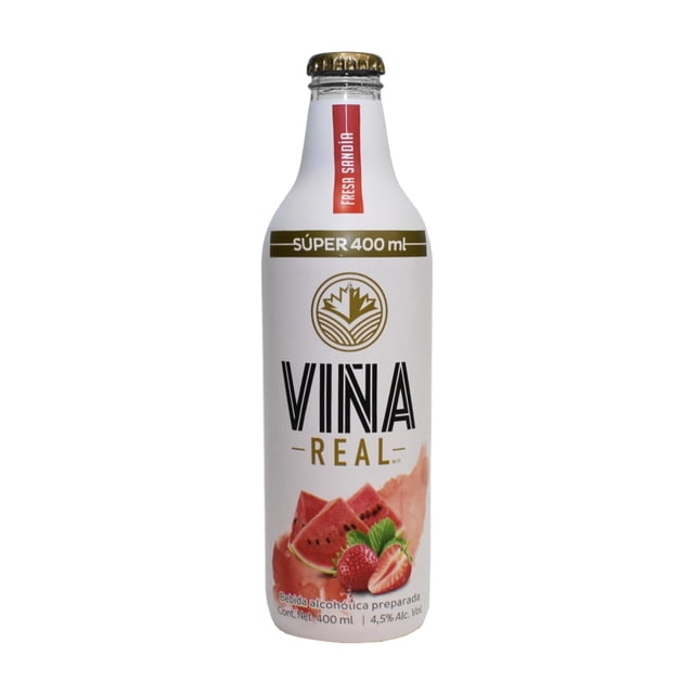 bebida alcohólica preparada viña real fresa sandía 400 ml botella frontal blanca de 400 ml con tapa corona dorada; etiqueta Viña Real en negro y dorado, banda superior "SÚPER 400 ml", franja roja en el cuello, ilustración de fresas y sandía y leyenda 4.5% Alc. Vol., adecuada como premezclado para coctel ligero.