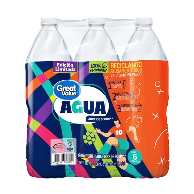 agua great value 6 botellas de 1 l c/u paquete de seis botellas transparentes de 1 litro con empaque plástico multicolor y etiqueta frontal Great Value; destaca la palabra "AGUA" y la leyenda "libre de sodio", sello "Edición Limitada" y un panel naranja con pictogramas e instrucciones de reciclado.