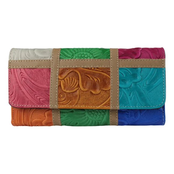 Cartera Mujer Cuero Larga Billetera Monedero Grabado Flor multicolor