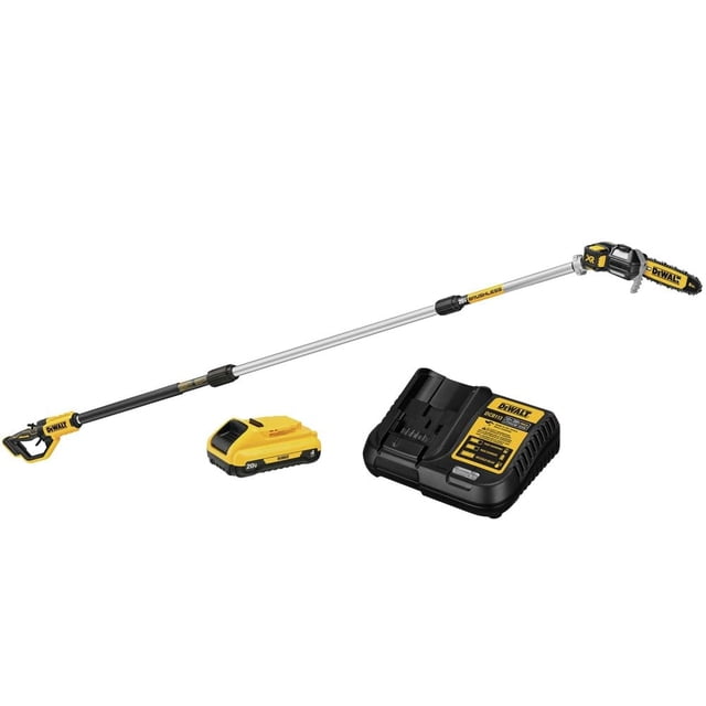 sierra de pértiga inalámbrica dewalt dcps620b, 20 v max xr +, batería de 4 ah 3/4 perfil sobre fondo blanco mostrando mástil telescópico plateado extendido, cabeza de sierra con barra y cadena de 8" en amarillo/negro, empuñadura con gancho para ramas y tiras metálicas, batería compacta DCB240 20V 4 Ah amarilla y cargador DCB113 negro-amarillo al frente; adecuada para poda aérea residencial.