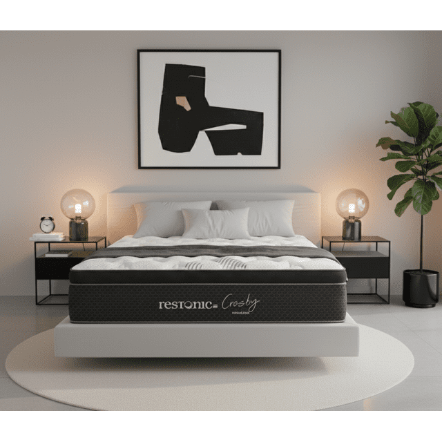 colchón matrimonial restonic elegance comfort 2 almohadas standart residencial, vista frontal centrada de colchón matrimonial con faldón texturizado oscuro y cubierta jaquard, logo Restonic visible en el costado, superficie acolchada con panel central claro y costuras; cama con ropa blanca y dos almohadas, mesitas de noche y lámparas en habitación moderna. También suele usarse en recámaras de invitados o departamentos por su formato matrimonial.