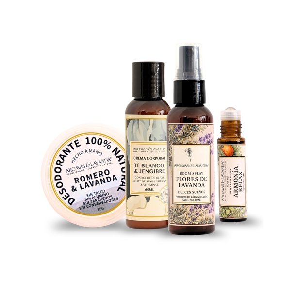 Kit para Yoga con Aromaterapia – Desodorante Natural, Brisa de Lavanda, Roll On Armonía Relax y Crema Té Blanco con Jengibre