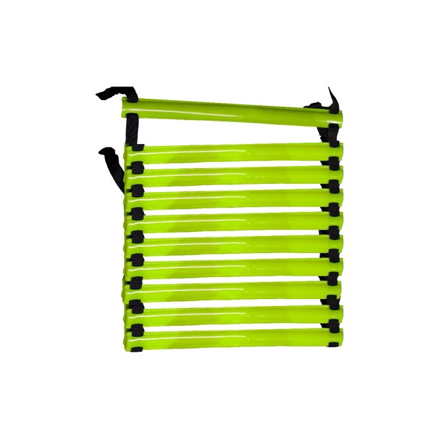 escalera de entrenamiento y coordinación adx o agilidad de 6 metros y 11 peldaños verde ADX, vista cenital mostrando 11 peldaños de plástico conectados por cuerdas de nylon negras con correas ajustables y bolsa transportadora incluida; diseñada para drills de agilidad y velocidad y a menudo usada para ejercicios de coordinación en entrenamiento deportivo.