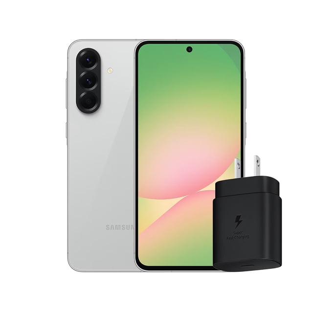 samsung galaxy a56 5g 8gb ram 256gb awesome gray+ cargador samsung 25w teléfono gris frontal y trasero con pantalla OLED centrada y perforación para cámara selfie, marco delgado y módulo trasero con tres cámaras verticales; cargador Samsung 25W negro visible en primer plano sobre fondo blanco. Apto también para carga rápida de viaje y uso diario.
