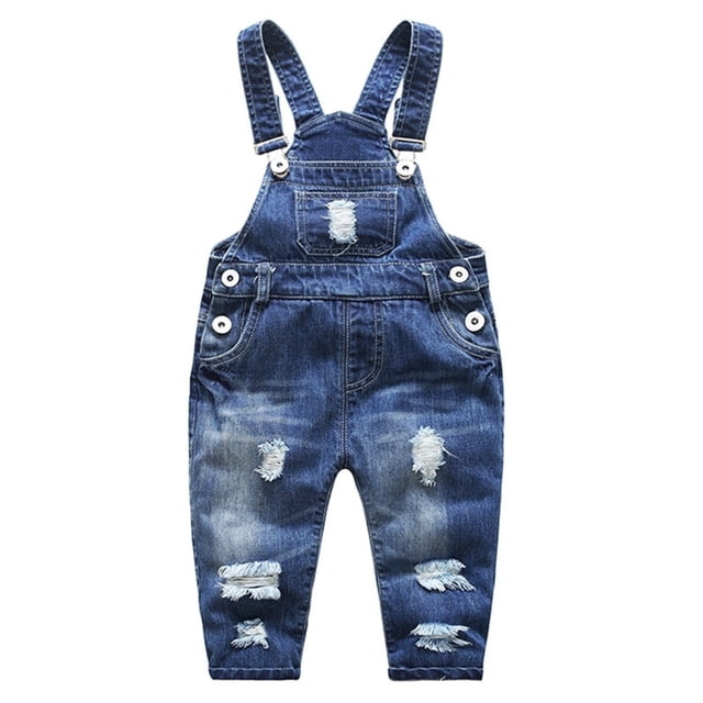 overoles vaquero con bolsillo y pechera para bebé niña y niño, ropa de trabajo unisex, kidscool space, 3-4 años mono vaquero azul claro, vista frontal centrada con tirantes ajustables y hebillas, pechera con bolsillo pequeño y rotos visibles en piernas y pechera, cintura elástica y acabado lavado a la piedra en tejido de algodón; diseño unisex adecuado para juego y gateo cómodo.