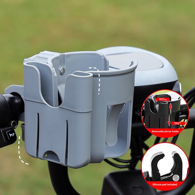 Portavasos universal con soporte para teléfono | Soporte 2 en 1 para botella y teléfono móvil, ideal para cochecito, silla de ruedas, scooter, cinta de correr y más | Abrazadera ajustable de 360