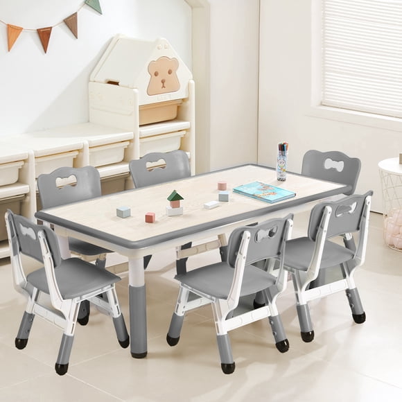 Juego de Mesa de Estudio para Niños y 6 Sillas, Juego de Mesa y Sillas Ajustables en Altura para Niños de 2 a 10 Años, Patas Antideslizantes, Escritorio para Garabatos, Mesa de Actividades para