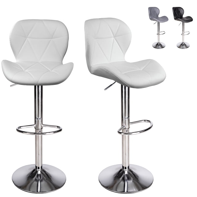 set de 2 bancos de cocina mostrador barra silla taburete comedor respaldo alto altura regulable y función giratoria 360° Dos bancos blancos con respaldo, tapizado capitoneado en vinipiel, columna y base cromadas con reposapiés ovalado, palanca hidráulica para ajustar altura y asiento giratorio 360°, adecuados también para barras domésticas o comerciales.