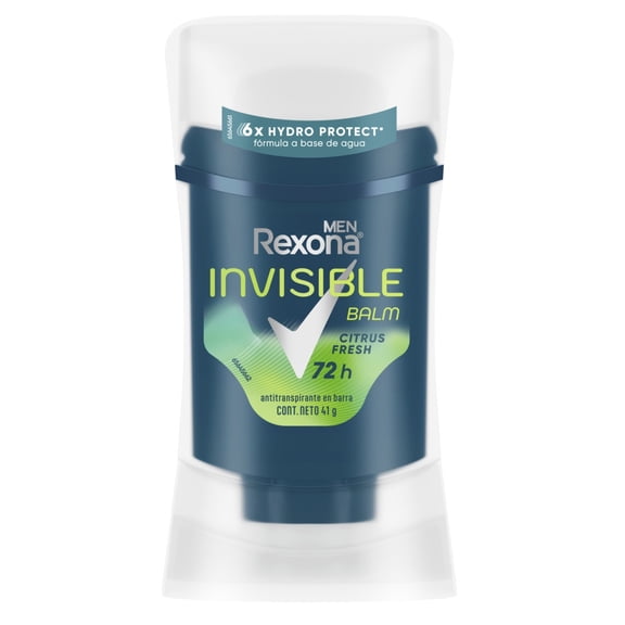 Antitranspirante en Barra Rexona Men Invisible Balm Citrus Fresh, 72 h de protección contra el sudor y el mal olor fórmula a base de agua con tecnología 6X Hydro Protect* 41 g