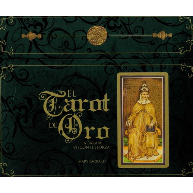 el tarot de oro blume 9788496669888 libro y mazo de 78 cartas; portada frontal en verde oscuro con motivos florales y filigranas doradas, título dorado 'El Tarot de Oro' y reproducción de una carta renacentista que muestra figura femenina sentada en túnica amarilla realzada con pan de oro. Kit incluye libro guía y paño de satén púrpura.