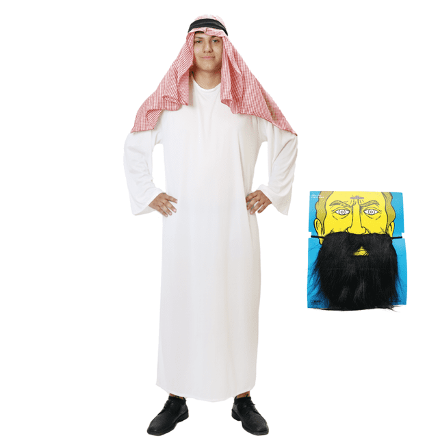 disfraz jeque arabe clasico fx costumes con barba para adulto hombre talla standard Hombre adulto con túnica blanca larga (136 cm de largo) y mangas largas, turbante rojo y blanco ajustable, barba postiza negra con elástico mostrada a la derecha; tela 100% poliéster, talla M/L estándar, ideal para Halloween y eventos temáticos.