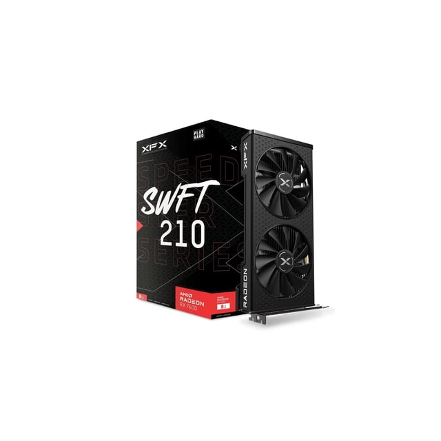 tarjeta de video xfx radeon rx 7600 speedster swft 210 core edition 8gb gddr6 rx-76pswftfy 3/4 frontal de la tarjeta negra con doble ventilador axial, solución de refrigeración XFX SWFT, ranura PCIe y placa trasera visibles; caja XFX SWFT 210 en negro y rojo detrás; especificaciones: AMD RX 7600, 8 GB GDDR6, boost hasta 2655 MHz. Ideal para configuraciones de juego y estaciones de PC compactas.