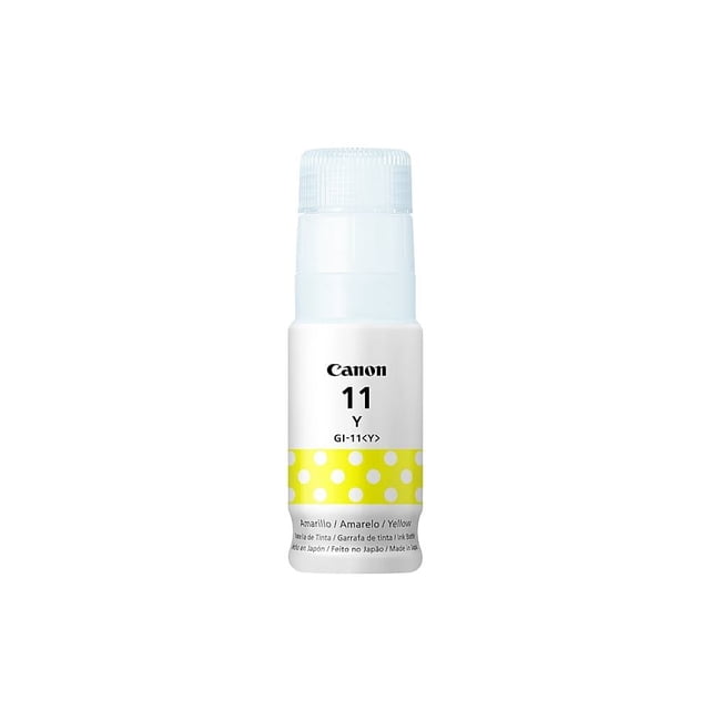 tinta canon pixma gi-11 color amarillo botella plástica 70 ml, vista frontal centrada; etiqueta con 'Canon 11 Y' y banda amarilla con lunares, tapa translúcida y boquilla para rellenar el tanque de la impresora. Apta para imprimir texto con alta definición y contraste; a menudo usada para recargas domésticas de impresoras de inyección.