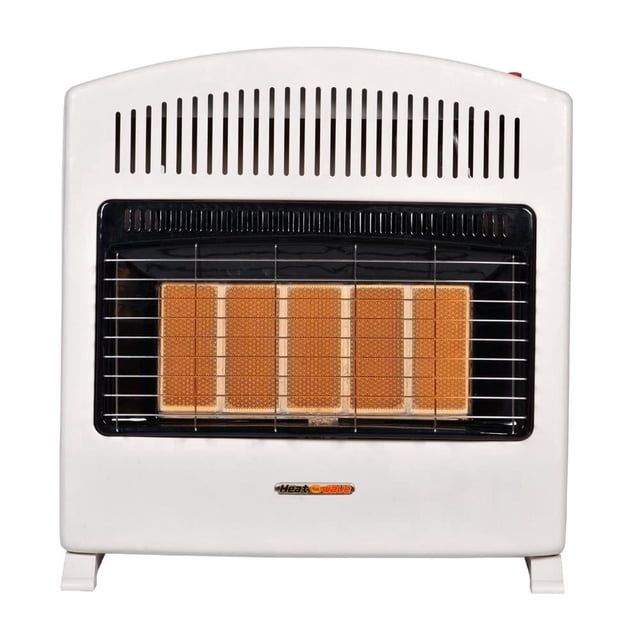 calefactor de pared heat wave gas natural crema, vista frontal centrada con 5 radiantes cerámicos visibles tras rejilla metálica; carcasa crema con ranuras de ventilación superiores, base desmontable para uso en piso y logo Heat Wave en el frente; adecuado para calentar habitaciones pequeñas.