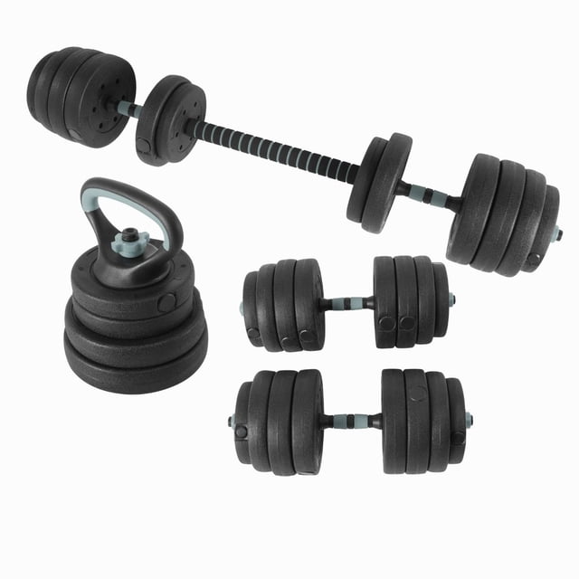 set de mancuernas bywell multifuncional y ajustables de 40kg, conjunto negro en vista 3/4 con barra larga ensamblada, dos mancuernas cortas con discos desmontables, pesa rusa con asa desmontable, tuercas de seguridad y base visibles; diseñado para entrenar abdomen, brazos, hombros, pecho y espalda en casa y a menudo usado para rutinas de fuerza en espacios pequeños.