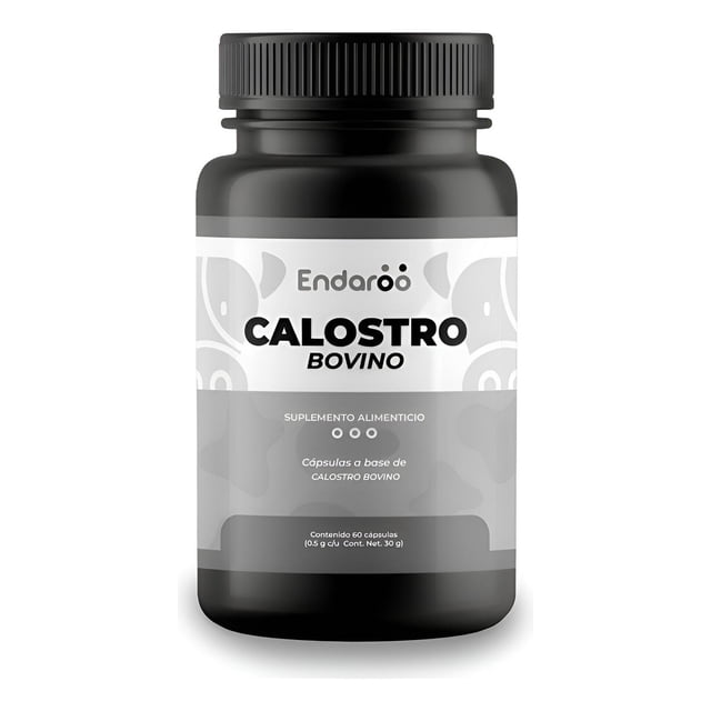 calostro bovino 60 cápsulas 1000 mg suplemento sin sabor sin sabor frasco plástico frontal con tapa negra y etiqueta blanca y gris que muestra texto CALOSTRO BOVINO y la indicación de 60 cápsulas; vista en plano medio, envase opaco, suplemento alimenticio de origen bovino indicado para apoyar el sistema inmunológico y la salud intestinal; también suele usarse como apoyo nutricional durante la recuperación física.