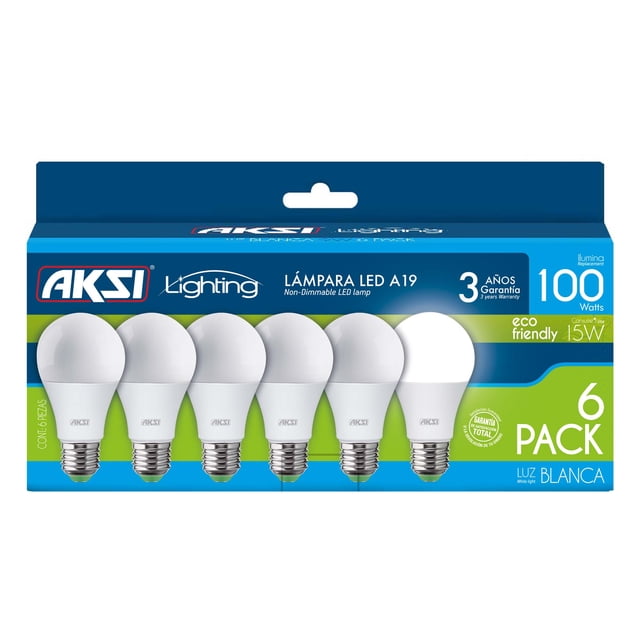 aksi foco led 6pack eco 15w luz blanca Pack de seis focos LED A19 Aksi, vista frontal; cada foco con difusor blanco esférico y base roscada E27 metálica. Caja muestra 1330 lúmenes, 6500K (luz blanca), 15W equivalente a 100W y 240° omnidireccional. Adecuados para sustituir focos en habitaciones y para iluminación de talleres domésticos.