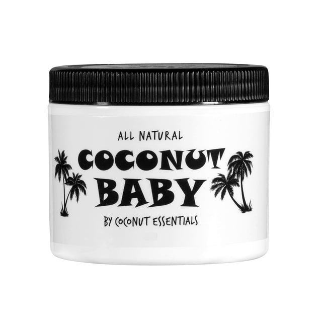 aceite de coco baby oil coconut essentials, 60 ml, para cabello y piel Frasco blanco cilíndrico de frente con tapa negra y etiqueta 'COCONUT BABY' y palmeras; envase de 60 ml indicado para cuidado de cabello y piel sensibles, apto para masaje y humectación diaria.