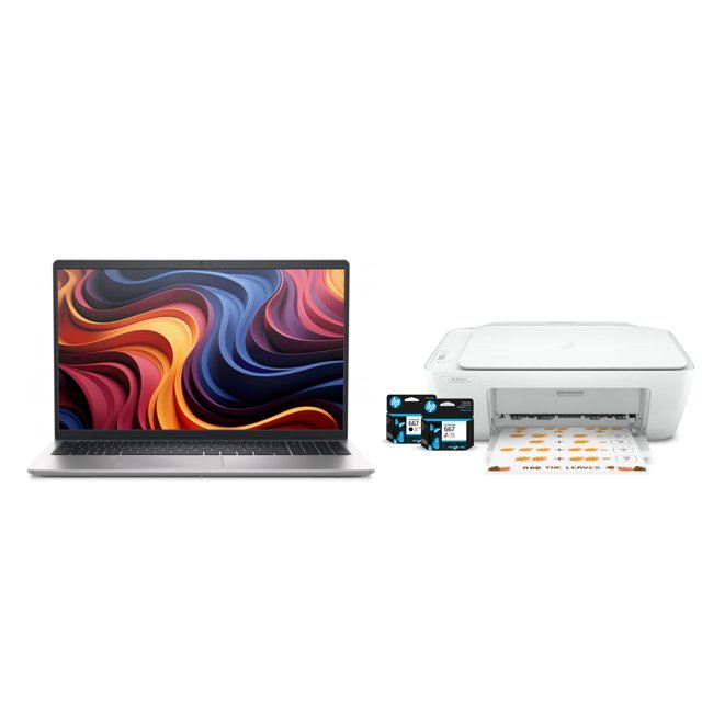laptop dell 15 ryzen 5 7520u w11h 8gb 512ssd + impresora hp gris Paquete con laptop Dell Inspiron 15 abierta, vista frontal con pantalla 15.6" 1920x1080 y teclado en español con sección numérica, junto a impresora HP gris compacta tipo multifunción con bandeja frontal y cartuchos visibles, sobre fondo blanco. Adecuado para trabajo y estudio diario.