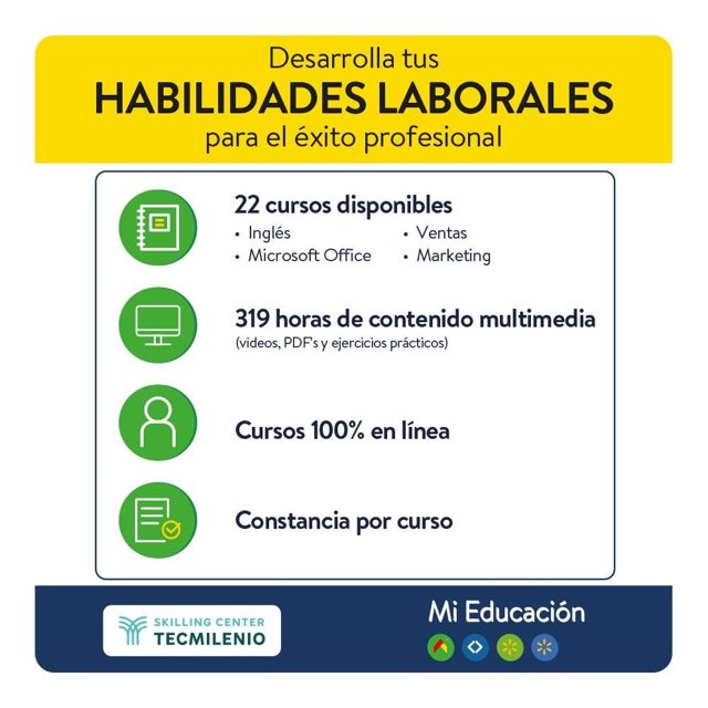 curso educativo tecmilenio habilidades laborales Tarjeta mensual transparente de TecMilenio con acceso a 22 cursos (inglés, Microsoft Office, ventas, marketing), 319 horas de contenido multimedia y constancia por curso; gráfico con encabezado amarillo y texto sobre fondo blanco.
