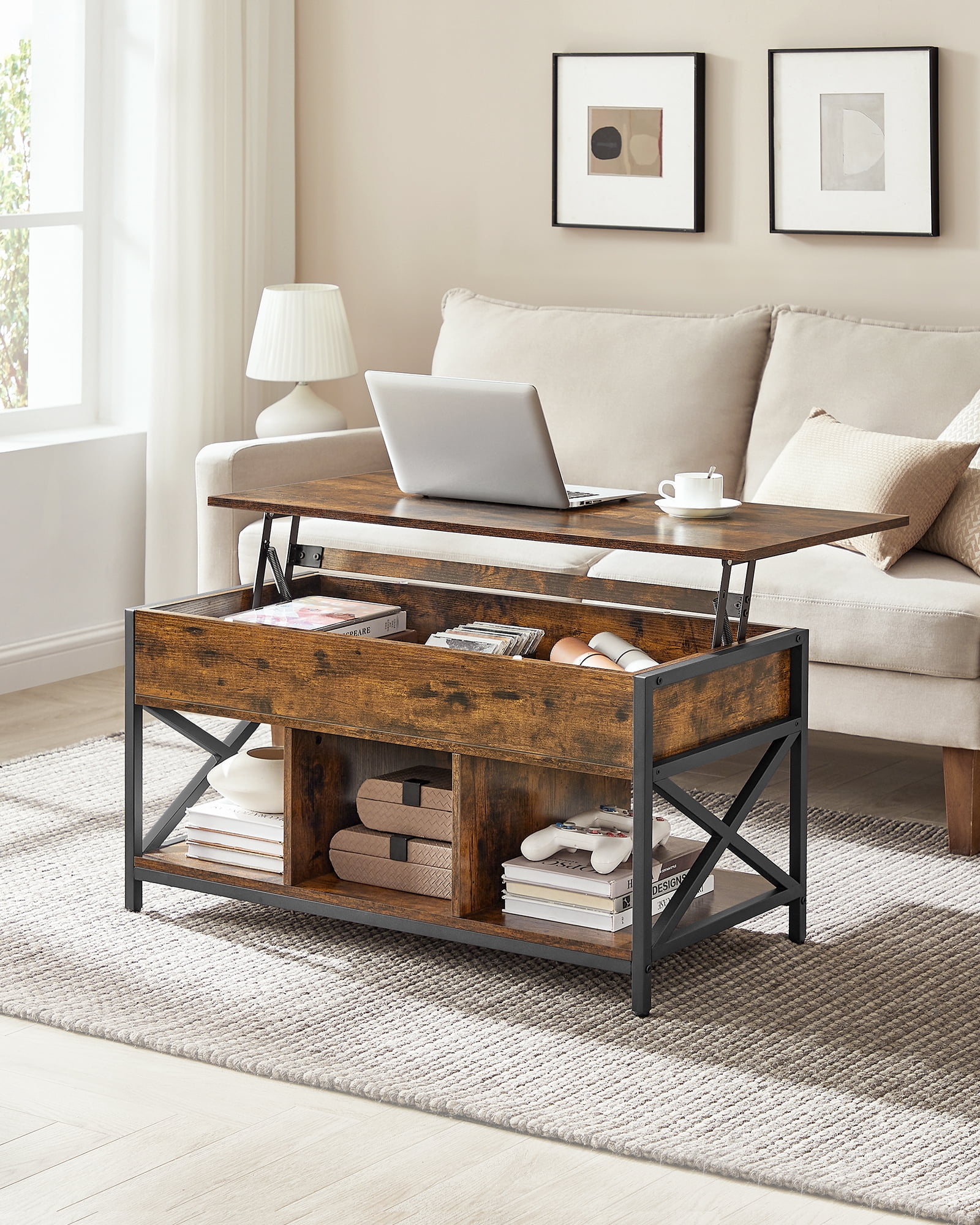 VASAGLE Mesa de Centro Elevable, Mesa Centro con Compartimentos Ocultos y Estante de Almacenamiento, para Salón, Estructura de Acero, 50 x 100 x (46.5-62) cm, Marrón Rústico y Negro