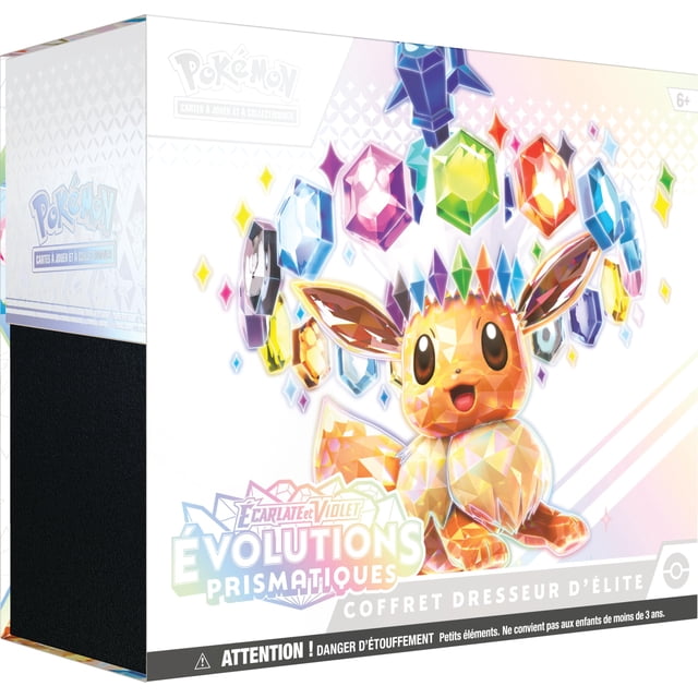 juego de cartas coleccionables pokémon scarlet & purple elite trainer set — caja multicolor frontal con ilustración prismática de Eevee totalmente ilustrado como carta promocional, mosaico de gemas de colores y texto 'Evolutions Prismatic'; diseño de caja indica contenido para coleccionistas y juego de mesa.