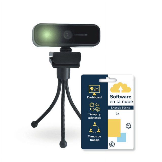 bionet cámara biométrica reloj checador más licencia básica, asistencia de tiempos de 15 empleados por reconocimiento facial, máquina para fichar, marcar tarjeta, control de asistencia: vista frontal de cámara biométrica compacta montada en trípode flexible negro, lente central y pequeño LED; junto a tarjeta que muestra "Software en la nube Licencia Básica" con iconos de dashboard, tiempo y asistencia y turnos de trabajo; suitable para registro de asistencia por reconocimiento facial en espacios de oficina.