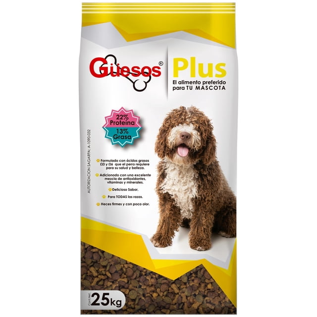 alimento para perro, güesos, plus, 25 kg güesos plus, todas las razas, 22% proteína, 13% grasa Bolsa frontal con croquetas visibles en la base y un perro de pelaje rizado sentado al centro; empaque amarillo y blanco con logo Güesos y sello que muestra 22% proteína y 13% grasa, menciona omega 3 y 6 y mezcla de antioxidantes, indicado para perros con actividad física media y alta; también suele usarse para rellenar dispensadores de croquetas en viajes cortos.