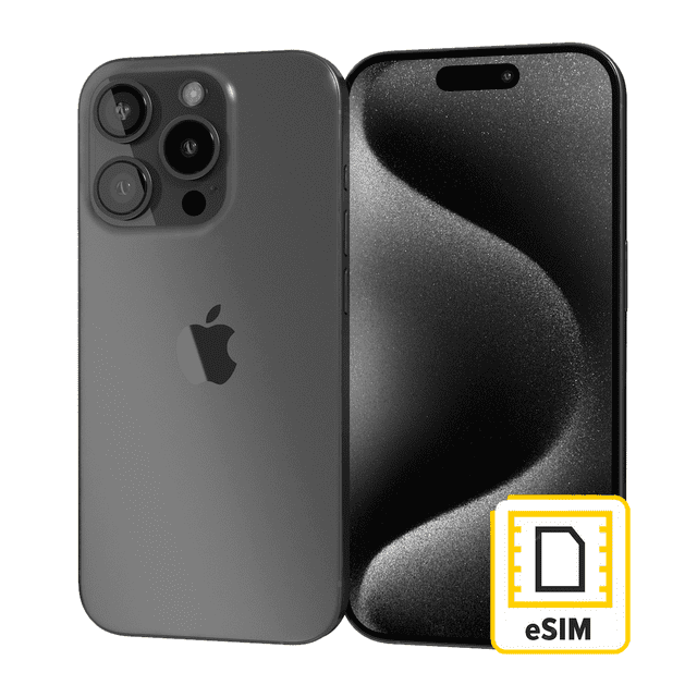 iphone 15 pro 128gb negro titanio reacondicionado grado a esim apple vista frontal y trasera 3/4, cuerpo titanio negro mate con módulo triple de cámaras (48 MP principal), logo Apple y pantalla Super Retina XDR OLED de 6.1" con Dynamic Island; icono eSIM; ideal para fotografía Pro y conexión 5G.