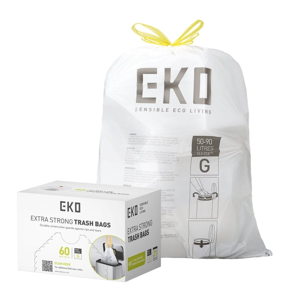EKO Bolsas de Basura Tamaño G. 50-90 Litros. 60 unidades. Caja dosificación fácil. Compatible con bote de basura EKO, uso en cocina, doméstico, extrafuertes, con cordón