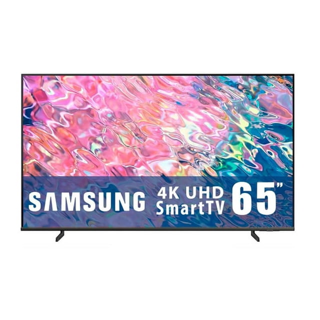 television samsung qled 65 pulgadas 4k smart /qn65q60bdfxz Televisor QLED 65" 4K frontal en color negro, bisel ultradelgado y patas de soporte visibles, pantalla con gráfico colorido y banda inferior con texto 'SAMSUNG 4K UHD SmartTV 65"'; especificaciones: Resolución 4K, Quantum HDR, asistente de voz y Screen Share; adecuada para salas amplias.
