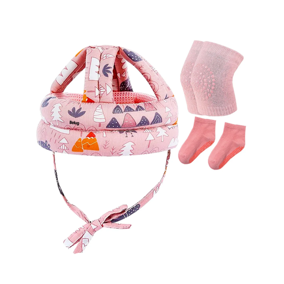 Cascos Para Bebes Antigolpes Seguridad Bebes + Rodilleras + Calcetines Belug, Rosa