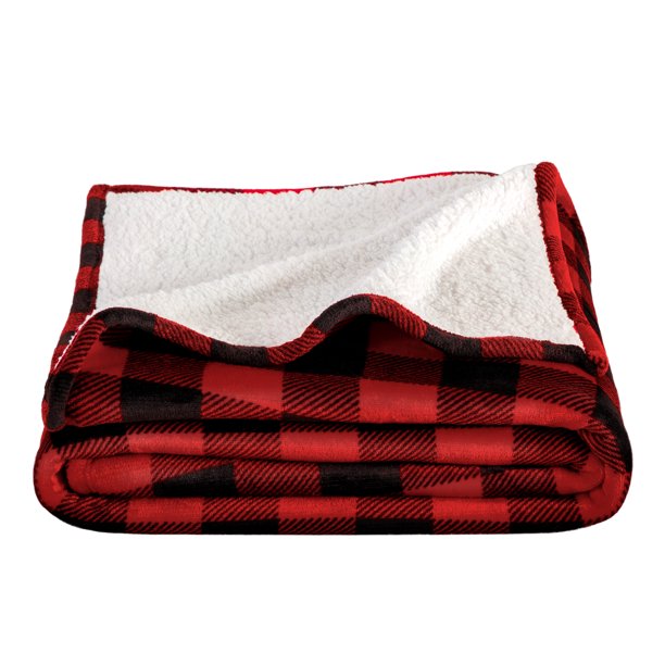 Bare Home Manta de Cama de Felpa Sherpa Mullida y Suave, Reversible, Liviana, Tamaño Matrimonial/queen, Cuadros Escoceses, Rojo/negro