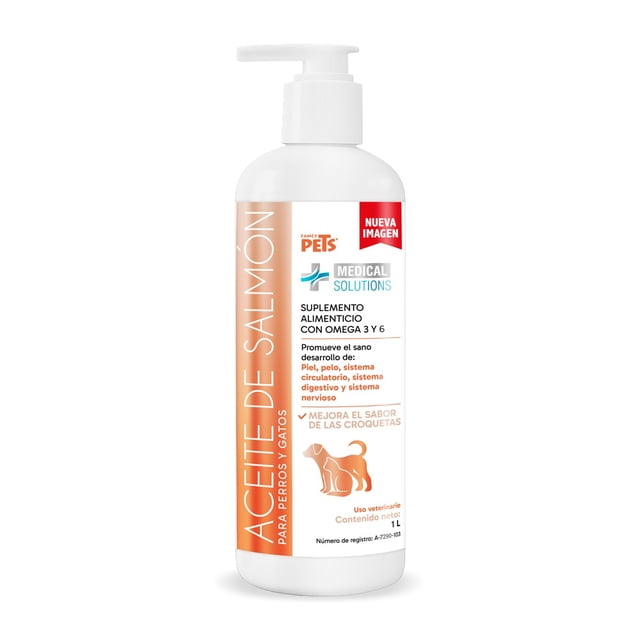 aceite de salmón omega 3 y 6 para perros y gatos 1litro botella de 1 L con dispensador, frontal con etiqueta blanca y naranja de Fancy Pets que muestra 'ACEITE DE SALMÓN' y 'suplemento alimenticio con omega 3 y 6', icono de perro y gato y texto en etiqueta sobre piel, pelo y sistema nervioso según empaque; también suele usarse como suplemento dietario para mascotas en comidas.
