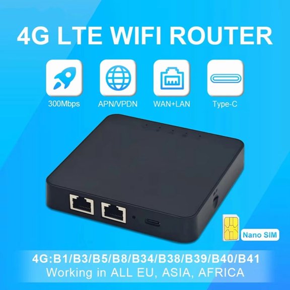 Enrutador 4G WIFI LTE Box, Módem Móvil Inalámbrico con Tarjeta SIM de 300 Mbps, Punto de Acceso, Enrutador con Tarjeta SIM WAN/LAN RJ45 de 2 Puertos con Tipo C