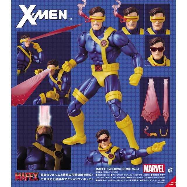 mafec medicom toy cyclops (comic ver.) x-men action figure no.099 Figura de acción coleccionable Cyclops de cuerpo definido en traje azul y amarillo, vista frontal 3/4 con visor amarillo y efecto de humo, manos y rostros intercambiables visibles, partes de efecto de explosión/ráfaga, gafas de sol y soporte de brazo incluidos.