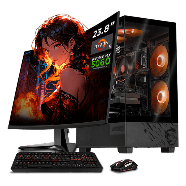 pc gamer completa ia xtreme pc gaming msi nvidia geforce rtx 5060 amd ryzen 5 5500 16gb ssd 1tb wifi monitor 23.8 144hz black productividad versátil acelerada con ia — Vista 3/4 frontal: torre negra con panel lateral transparente que muestra placa A520 y refrigeración con tres ventiladores RGB, tarjeta gráfica GeForce RTX 5060 8GB, monitor 23.8" Full HD 144Hz, teclado y mouse RGB y adaptador WiFi/Bluetooth 2 en 1. Adecuada para gaming 1080p y multitarea productiva.