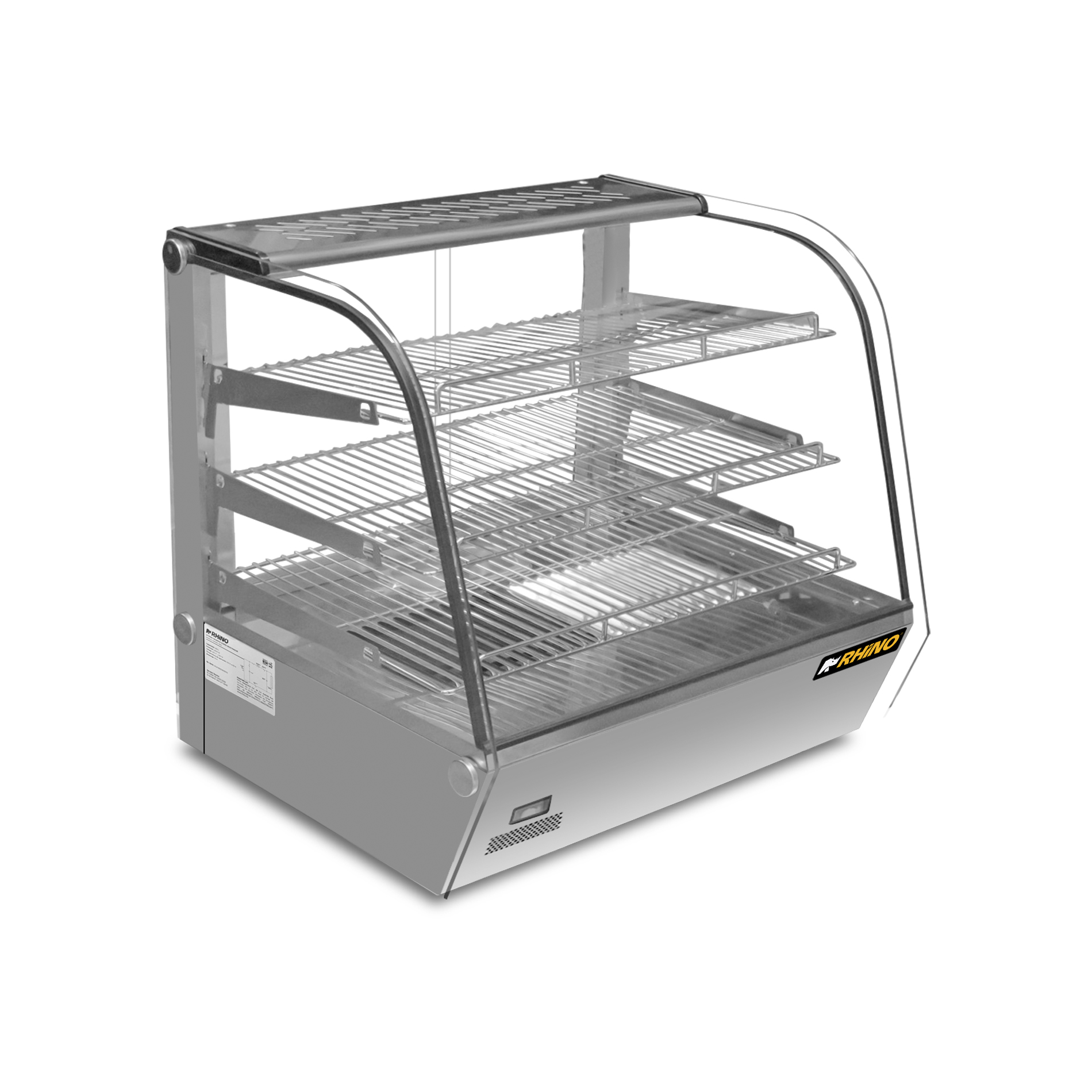 Vitrina Caliente de Mostrador Rhino, 160 L, Control de Temperatura 30 a 90 °C, Sistema de Vaporización, Iluminación LED, Vidrio Templado de 5 mm, Estructura de Acero Inoxidable, VICAMO-160L
