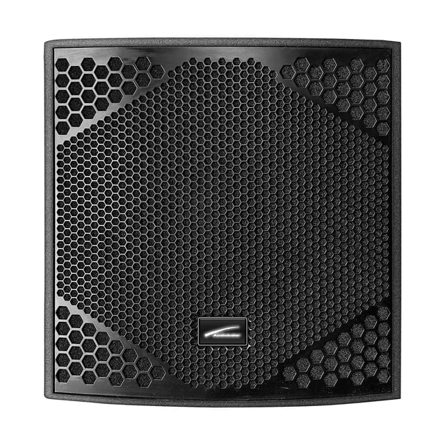 subwoofer profesional audiobahn 18' immortal18 cajón acústico construido en madera, vista frontal centrada de un subwoofer negro de 18 pulgadas con rejilla metálica hexagonal y placa Audiobahn en el centro; grave profundo y potencia para eventos, especificado 800W RMS y respuesta 45Hz–250Hz, a menudo usado para refuerzo de sonido en salas y DJs.