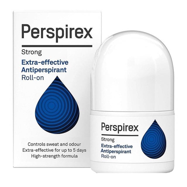 antitranspirante perspirex roll-on strong extra efectivo 20ml - sudoración excesiva axilas (hiperhidrosis) / hypersolutions Envase roll-on blanco junto a su caja blanca; logo Perspirex en negro en ambos, gota azul con patrón concéntrico impresa en frasco y caja, texto azul "Extra-effective Antiperspirant" y "Strong" legible y marcado de 20 ml en el empaque.