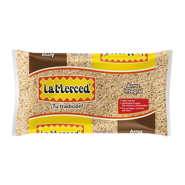 arroz la merced integral 750 g paquete frontal con granos largos de arroz integral visibles, empaque plástico transparente con etiqueta amarilla y roja de la marca La Merced y texto 'Arroz Integral'; opción ideal como guarnición y apto para acompañar verduras.
