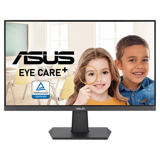 monitor 23.8 asus va24ehf 1ms 100hz full hd ips led hdmi Monitor ASUS VA24EHF negro, vista frontal centrada de 23.8" IPS Full HD 1920x1080 con biseles delgados y soporte rectangular negro, logo ASUS en el marco inferior; pantalla con gráfico promocional. Especificaciones clave visibles: 100 Hz, 1 ms MPRT y Adaptive-Sync; apto para uso de oficina, gaming casual y edición básica de fotos.