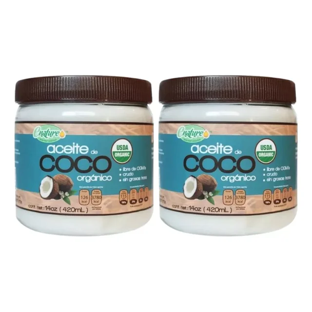 aceite de coco extra virgen enature crudo 2 pack de 420ml c/u, dos frascos frontales de plástico blanco con tapa marrón y etiqueta turquesa/beige que muestra 'aceite de coco orgánico' y sello USDA Organic, imagen de coco partido y texto 420 ml visible; vista centrada, indicado para uso doméstico y cocina, también apto para usos cosméticos ligeros.