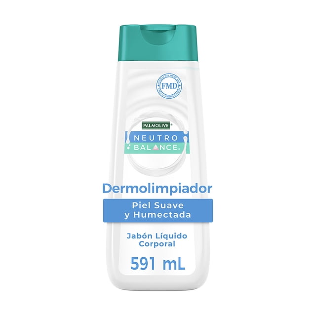 jabón líquido corporal palmolive neutro balance dermolimpiador 591 ml botella blanca frontal con tapa turquesa; etiqueta muestra logo Palmolive, texto "Neutro Balance", banda azul "Piel Suave y Humectada" y volumen 591 mL.