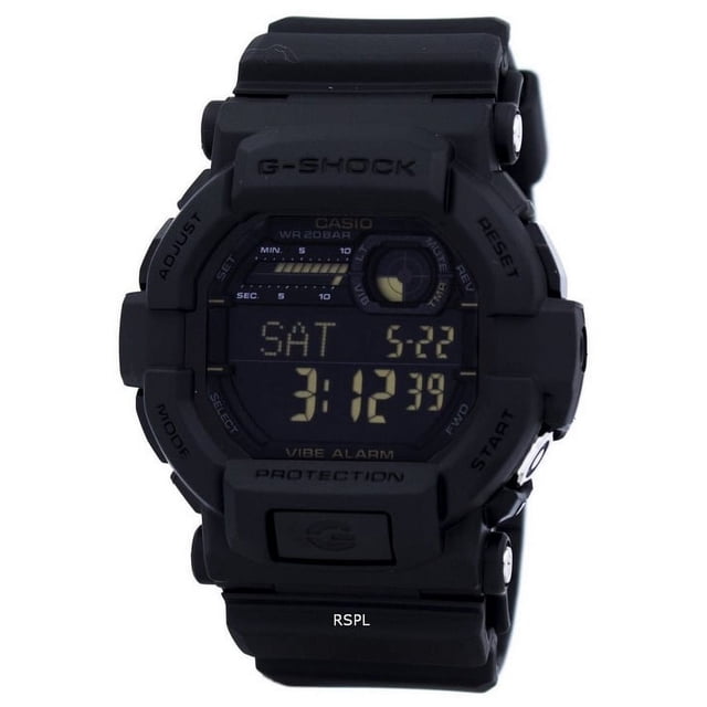 casio g-shock digital gd-350-1b gd350-1b men's watch reloj digital negro, vista frontal centrada con carcasa G-SHOCK robusta y botones grandes integrados en el bisel, pantalla LCD que muestra día, fecha y hora, indicador de alarma vibratoria y correa visible; diseño táctico adecuado para uso militar o actividades al aire libre.